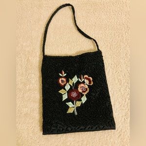 Small Black Beaded Purse With Flowers - Snap Closure